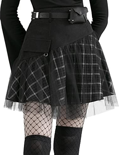 PUNK RAVE DAILY Damen Gothic Röcke Frauen Goth Mini Plaid Rock mit Tüll Punk Dunk Hohe Taille A-Linie Party Rock, Schwarz, 4X-Groß