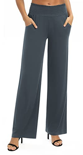 EXCHIC Damen Leichtgewicht Elastisch Hohe Taille Hose Casual Weite Bein Dehnbar Lounge Hosen mit Taschen (L, Schiefergrau)