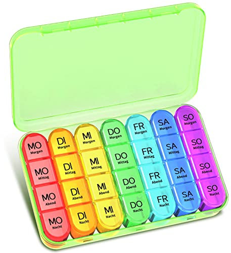 Tablettenbox 7 Tage Morgens Mittags Abends Nachts, Betife BPA Frei Pillendose 7 Tage 4 Fächer, Medikamentenbox 7 Tage, Pillenbox Groß, Tabletten Wochenbox, Pillendose 7 Tage 4 Fächer (Grün)