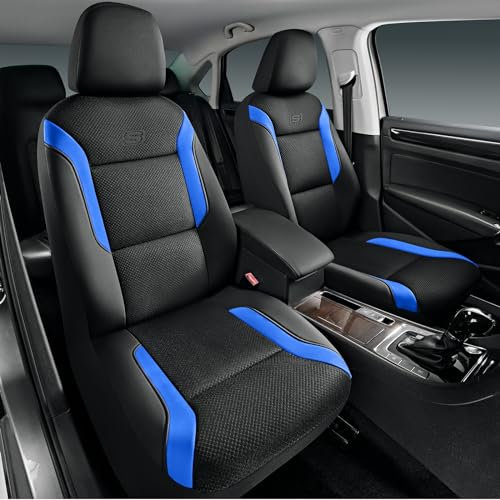 Skechers Memory Foam™ Leather Car Seat Covers, Air Cool Mesh Thick Seat Covers, Blue Two Front Seat Cover, Airbag Compatible, Automotive Comfort & Protection for Most Cars, Vans,Trucks, SUVs(Blue)