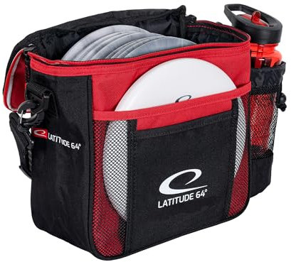 Latitude 64° Disc Golf-Tasche | Slim Shoulder Bag | Für 8 Discs, Getränkefach u. Staufächer | Verstellbarer Schultergurt | Robustes Polyamid | Schwarz | Outdoor-Sportzubehör