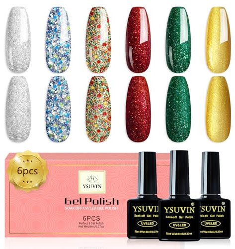 YSUVIN UV Nagellack Weihnachten Set, 6 Farben Gold Grünes Rot Silber Weihnachts Gel Nagellack Set für Anfänger DIY Nail Art Maniküre Salon, 8ml