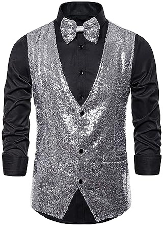 EFOFEI Herren Paillettenweste Slim Fit Weste mit Fliege für Party Club Regular Fit Partyweste Silber XL