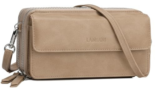 Lanyani Portefeuille pour femme avec blocage RFID pour téléphone portable, petit sac avec sangle, beige, Small
