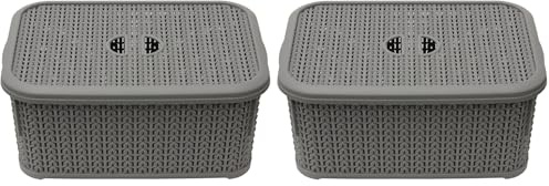 JVL 13-356GY Knit Design Loop Plastic Lidded Rectangular Storage Basket with Handles, Grey, 20 x 28.5 x 12.5 cm, 6 Litres (Pack of 2)