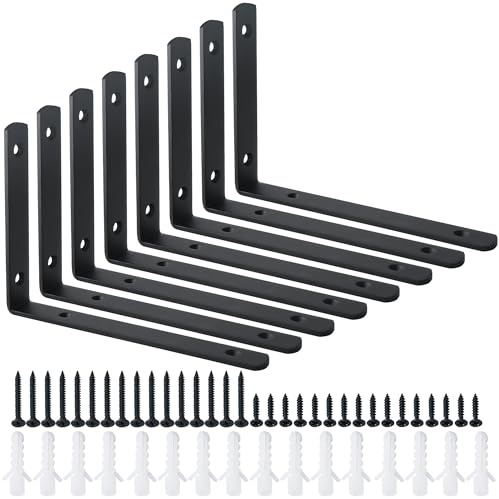 Mooche 8PCS Black Shelf Brackets 200mm, Metal L Bracket for Shelves, Wall Mounted Shelf Supports Brace Heavy Duty for Living Room Kitchen Office