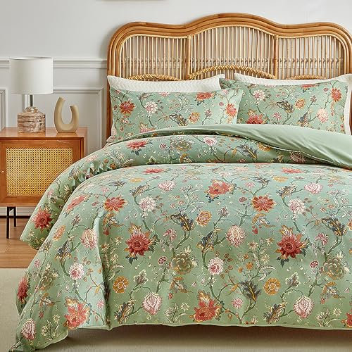 GETIYA Luxus Blumen Bettwäsche 220x240 Mikrofaser Bettwäsche Pflanzenmuster Grün Bettwäsche Blümchen Blumen Muster Bettbezug Doppelbett Mädchen Damen Bettwäsche mit 2 Kissenbezug 80x80