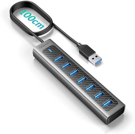 GiGimundo HUB USB 3.0, HUB USB de 7 Puertos de Aluminio para Portátil, Cable de 1m de Largo con Puerto de Alimentación Type-C de 5V/3A, Compatible con MacBook, PS4, Surface Pro, Mobile HDD