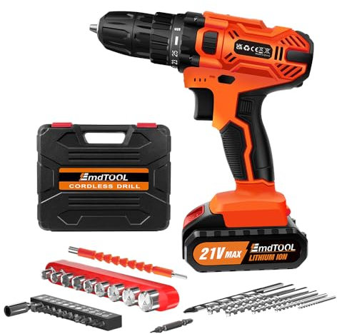 Akkuschrauber, 21V Akku Bohrschrauber Set, Akkubohrer 42Nm Max Drehmoment, 25+1 Drehmomentstufen Akku Bohrmaschine mit 1 Akku, Ladegerät, 29 Zubehöre und Koffer für Haus DIY - Orange