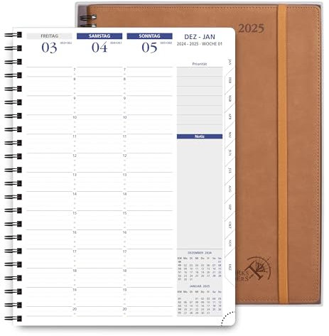 POPRUN Kalender 2025 Wochenplaner Ringbuch mit Softcover 28.5 x 22.2 cm - auf Deutsch - Terminplaner 2025 A4 mit 15-Minuten-Intervall und Vertikalem Wochenlayout, 100 GSM Papier - Braun