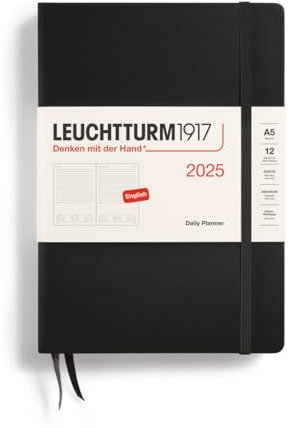 LEUCHTTURM1917 370700 Tageskalender 2025, Medium A5 Hardcover - 12-Monats-Planer und Notizbuch, liniert - Schwarz, Englisch