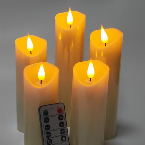 Jialine Flameless Candles 5 6 7 8 9 Set of 5 Ivory Real Wax Battery Candle,Realistic Dancing Flickering Wick led Candles with 24 Hour Timer and 10 Key Remote Control for Parties,Home,Christmas
