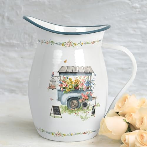 Enamel Pitcher with Wide Handle and Green Rim Rustic Enamelware Pitcher Vase Flower and Bird Pattern Farmhouse Metal Pitcher Vintage Decor Blue