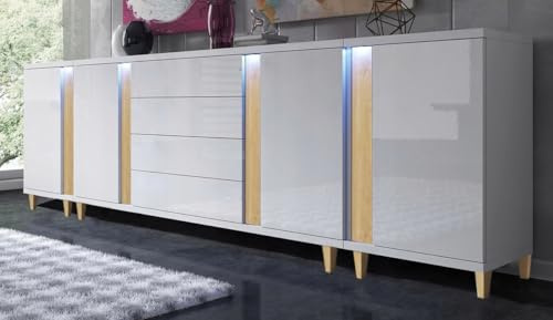 Generisch Kommode Marco 280 cm - 4 Schubladen, Schränke, Hochglanzfronten, Glamour-Stil (Weiss/Weiss Glans + Natural Eiche)