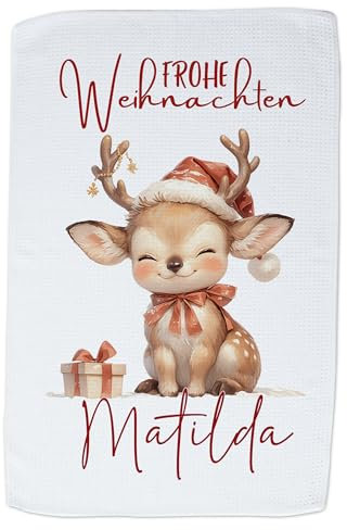 GRAZDesign Geschirrtuch zu Weihnachten personalisiert mit Namen Motiv Rentier 60x40cm