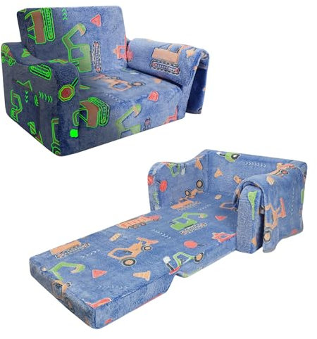 decalsweet Kindersofa Ausklappbar mit Decke,2 in 1 Schlafsofa Kindersessel für Mädchen und Jungen,Leuchtendes Kinder Couch für Schlafzimmer Spielzimmer Kinderzimmer,Geschenk zum Geburtstag-Bauwagen