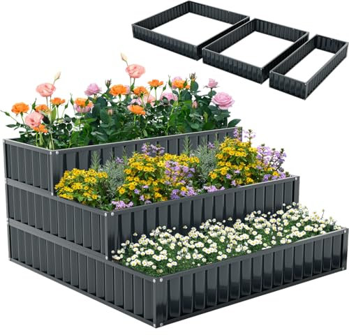TANGZON 3-Tier Raised Garden Bed, Detachable Plant Flower Vegetable Herb Grow Box Containers without Bottom, Outdoor Elevated Planter Box Kit for Patio Lawn Greenhouse (Black, Metal, 118 x 118 x 61cm)