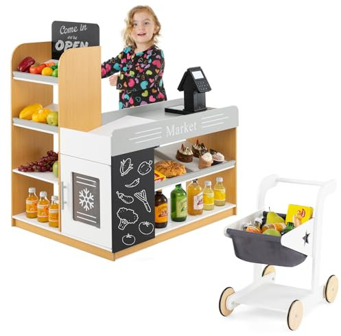 GOPLUS Kaufladen mit Einkaufswagen, Supermarkt Holz, Kaufmannsladen mit Tafel & Registrierkasse, inkl. Scanner & Kartenlesegerät & Kreditkarte & Münzen, Rollenspiele für Kinder ab 3 Jahren (Modell 2)