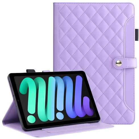 Rosbtib Custodia per iPad Mini 2024 (A17 Pro, 7 Generazione)/iPad Mini 6 2021 (6 Generazione) 8.3, Custodia in pelle PU ricamata a scacchi con cinturino, supporto e pulsante magnetico, Viola