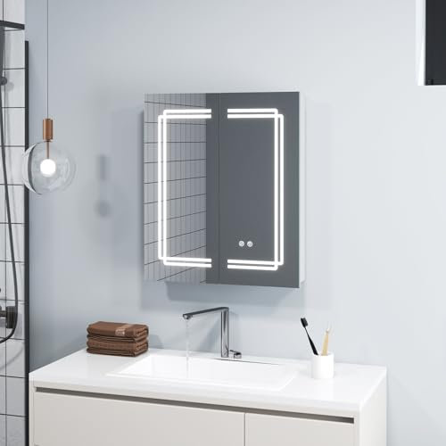 COSTWAY Spiegelschrank Bad mit Beleuchtung, LED Badezimmerschrank mit Spiegel & Doppeltüren, Hängeschrank dimmbar, Anti-Beschlag Wandschrank mit 2 Steckdosen & verstellbaren Regalen, 60 x 70 x 13cm