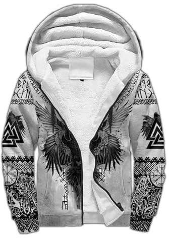 Viking Rabe Tattoo Herren Kunstkaschmir Kapuzenjacke Winterjacke Reißverschluss Hoodie Lässiger warmer Parka Mantel Cosplay Cape Hoodie