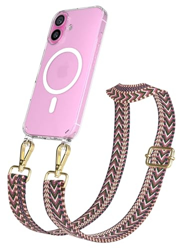 EAZY CASE Handykette - Verstellbares Taschenband kompatibel mit iPhone 16, Schulterriemen, Handykordel mit Silikon Hülle, Qi Charging kompatibel, Umhängetasche, Beere Pink Gold