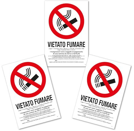 Set 3 Cartelli Vietato Fumare Formato 20x30 cm Segnaletica Adesiva per Interni ed Esterni Cartello Antifumo PVC Resistente Avviso Obbligatorio Sicurezza Locali Pubblici