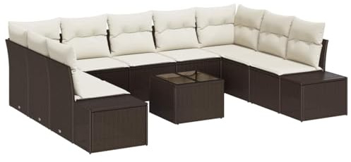 vidaXL Garten-Sofa-Set mit Kissen 10 pcs Braun Poly Rattan, Modular, moderner Gartensofa, Outdoormöbel, Rattan-Sitz, wetterfest, verstellbare Füße, Terrassen-Lounge
