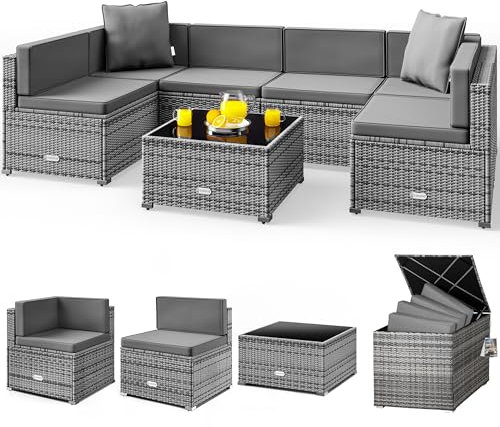 CASARIA® Garden Rattan Lounge Furniture Set inc. 318L Weatherproof Cushion Box | with Table Cushions Sofa | Outdoor Patio Seating Conversation Group | Grey Anthracite