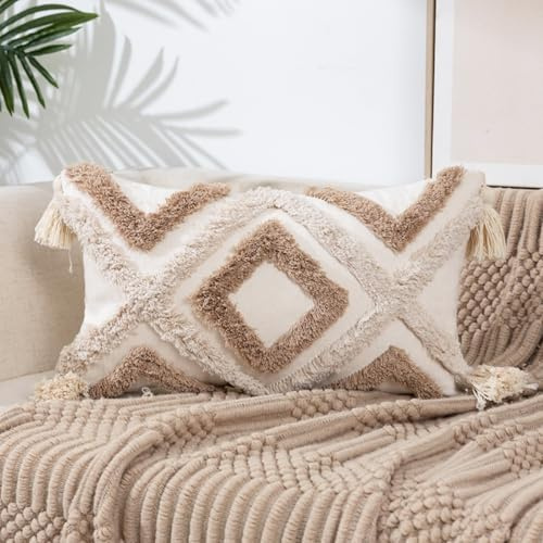 YULUOSHA Dekorative Boho Kissenbezug,Boho Kissen Beige Deko Baumwolle Dekokissen Marokko getuftete Kissenhülle Kissenbezüge Quaste für Sofa Schlafzimmer Wohnzimmer Dekor (Khaki-50 X 30 cm)