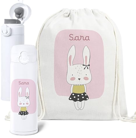 Gente Creativa Mochila Bebé Guardería Personalizada + Botella Acero Inoxidable Niños con Tapón Abre Fácil | Opción Taza Personalizada | Regalo Infantil Personalizado Vuelta al Cole (Conejita)