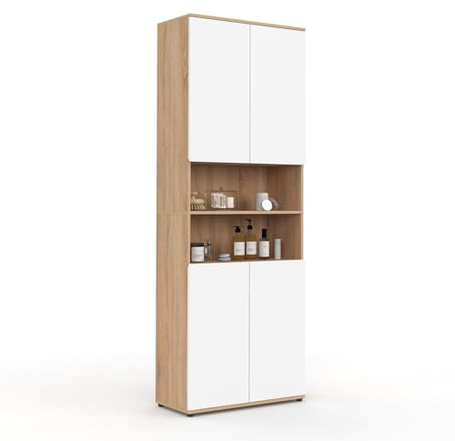 IDMarket - Meuble Armoire Colonne Salle de Bain TOMI façon hêtre et Blanc