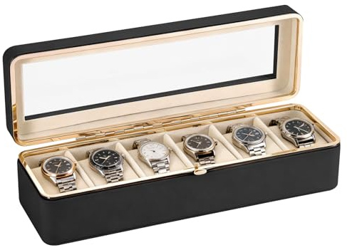 SUNNYNEST Watch Box 6 Slots Watch Case with Glass Lid Watch Display Storage Box for Men and Women Removable Watch Pillows Metal Clasp Synthetic Leather Velvet Lining Watch Box (Black)