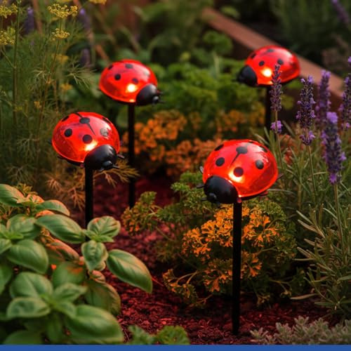 Maximex Solar LED Gartenstecker Marienkäfer, 4er Set, rote LEDs, Dämmerungssensor, wetterfest, Solar Gartenbeleuchtung für Beete und Pflanzkübel, je 8 x 14 x 6 cm, Kunststoff