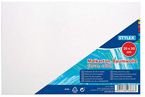 Stylex 28666 - Malkarton, 20 x 30 cm, Karton 3 mm stark, mit 100 Prozent Baumwollgewebe bespannt, weiß grundiert, für Öl-, Acryl- und Temperafarben, Gouache - Malerei und Serviettentechnik