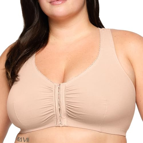 Glamorise Full Figure Plus Size Front-Closure Cotton T-Back Comfort Bra Wirefree #1908 Café