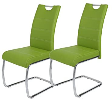 Hela Tische, 2er Set Schwingstuhl, Küchenstuhl Flora, Kunstleder Grün, Griffmulde, Metallgestell verchromt, 42x57x98 cm