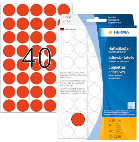 HERMA 2256 Punktaufkleber Klebepunkte perforiert leuchtrot, 960 Stück, Ø 19 mm, 40 pro Bogen, selbstklebend, Markierungspunkte für Kalender Planer, matt, blanko Papier Farbpunkte Aufkleber