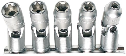 SW-Stahl 5tlg. Gelenk-Steckschlüsseleinsatz-Satz 3/8 Zoll, E6-E14 | E-Profil Außentorx Nüsse aus Chrom-Vanadium-Stahl auf Klemmschiene, ideal für schwer erreichbare Stellen wie Getriebe.
