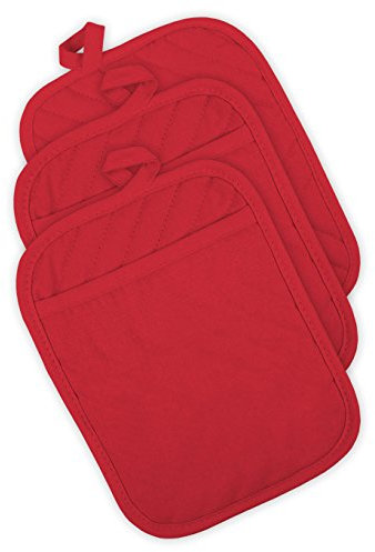 DII Cotton Quilted Pocket Pot Holder, 7x9 Set of 3, Heat Resistant Machine Washable Kitchen Trivet Hot Pads for Cooking & Baking-Tango Red