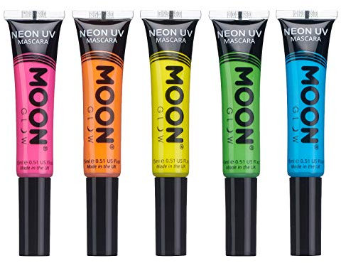 Moon Glow Neon UV-Mascara, leuchtende Neonfarbe, leuchtet unter UV-Beleuchtung, Neon-Make-up (Orange, Blau, Grün, Rosa, 15 ml (5er-Pack))