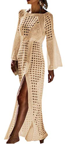 Women's Long Beach Cover Up Ladies Swimwear Hollow Out Bell Sleeve Dress Swimsuit Cover Crochet Lace Bikini Bathing Beachwear