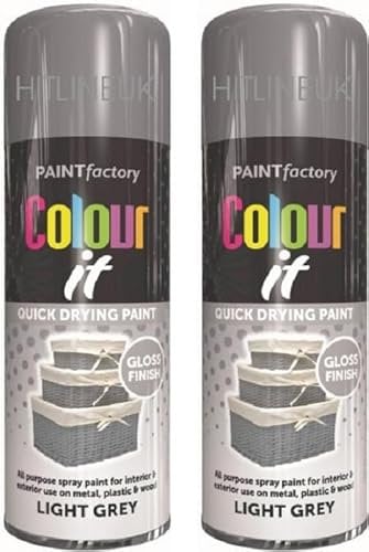 HitlineUK 2 X 400ML LIGHT GREY GLOSS PAINT AEROSOL SPRAY CAN QUICK DRYING PLASTIC METAL WOOD COLOUR IT