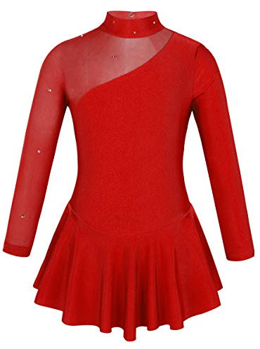 iEFiEL Mädchen Ballettkleid Glitzer Eiskunstlauf Kleid Kinder Swing Schaukel Tanzkleid Ballettanzug Langarm Body Trikot Turnanzug Rot 164