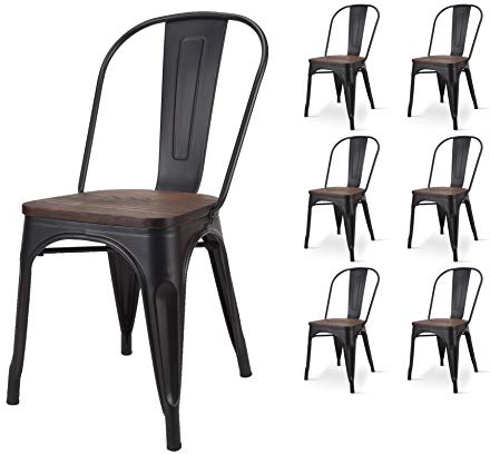 Kosmi - Lot de 6 chaises en métal Noir Mat avec Assise en Bois Massif foncé - Style Industriel