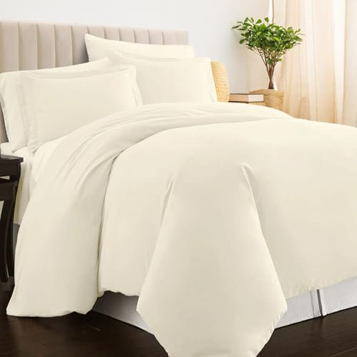 Pizuna 100% Cotton King Size Duvet Cover Sets Ivory, 400 Thread Count Long Staple Cotton King Duvet Cover 230x220cm, Sateen Weave Quilt Cover with Button Closure