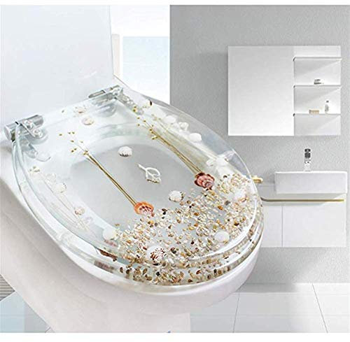 Byrhgood Toilet Lid,Slow Close Resin Toilet Seat With Cover, Art 3D Effects Heavy Duty Toilet Lid With Dolphin, Starfish, Real Seashells And Sands For U Type Toilet,White