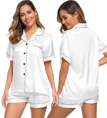 SWOMOG Pyjama Set Women White Pyjamas Silk Satin Pj Sets Bride Pyjamas Soft Sleepwear Set
