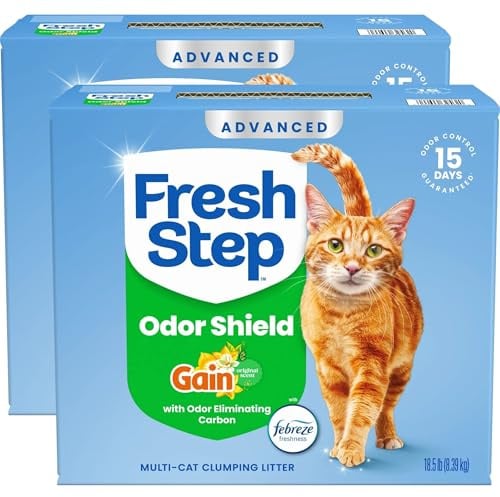 Fresh Step Odor Shield Advanced Multi Cat Clumping Litter with Febreze Freshness, Gain Original Scent, 18.5 lbEach, Pack of 2 (Package May Vary)