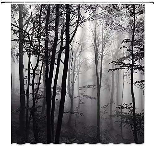 BCNEW Cortina de ducha con diseño de bosque, color blanco y negro, con niebla, abstracto, gótico, sombra, gruesa, paisaje oscuro, gris, tela de poliéster impresa, juego de decoración de baño, 70 × 70